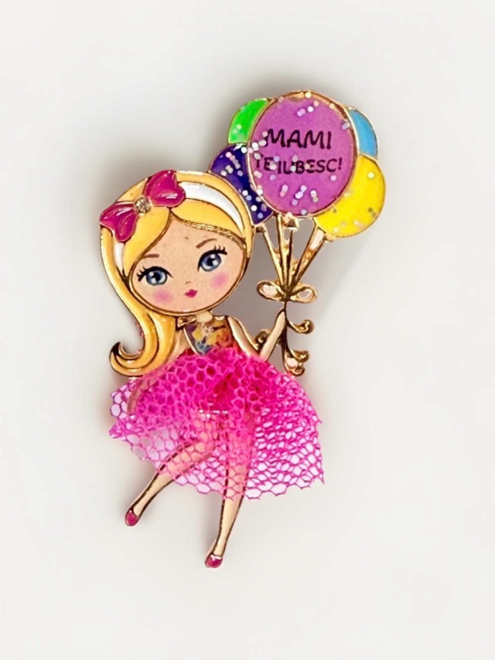 Adorable “Mami Te lubesc” Balloon Girl Brooch with MeshSkirt -